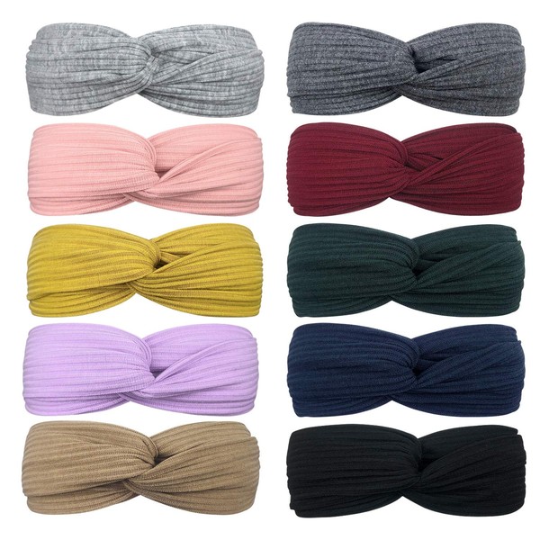 DRESHOW 10 Pack Make Up Headbands for Women Knit Vintage Cross Elastic Head Wrap Hair Accessories
