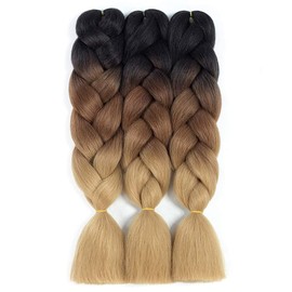 Ombre Braiding Hair Synthetic Jumbo Braiding Hair Extensions 24 inch High Temperature Heat Resistant Fiber Braids Hair for Afro Twist Crochet Hair Weave (3 Pieces, Black/Dark Brown/Light Brown)
