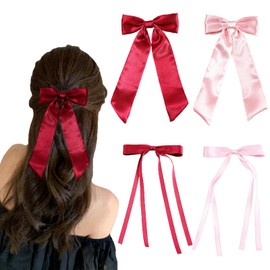 Bow Clips for Women Velvet, ELKINROVIC Mini Bow Alligator Clips Long Soft Small Coquette Bows Ribbon Bowknot Hair Bows for Girls Adult Kids Pink Red(4Packs)