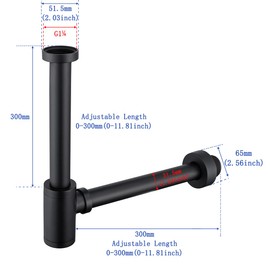 SWHYGER Contemporary Solid Brass Bottle P Trap Round 1 1/4 With 11.81 inch Slip Joint Extension Tube Basin Sink Waste Drain P Trap For Kit,Matte Black.