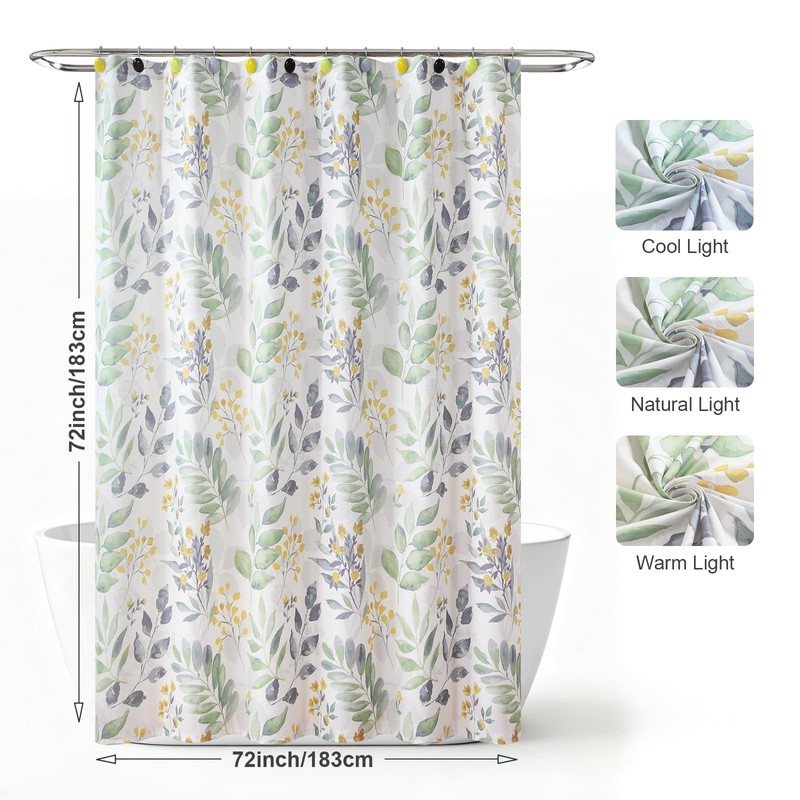 DS BATH Sage Fabric Shower Curtain, Boho Green Yellow Floral