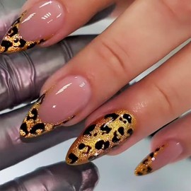24 Pcs French Tips Press on Nails Leopard Print Acrylic Fake Nails Gold Glitter Stick on Nails Medium Almond Glossy French Tips False Nails Cheetah Gel Glue on Nails for Coquette Women Girls
