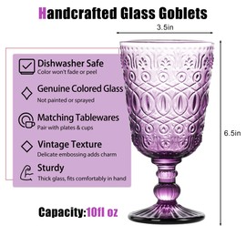 6 Pack Vintage Embossed Glass Goblets – 10oz Colored Wine Glasses with Relief Pattern, Thick Glassware for Red Wine, Water, Cocktails – Original Color, Never Fades, Dishwasher Safe (Purple)