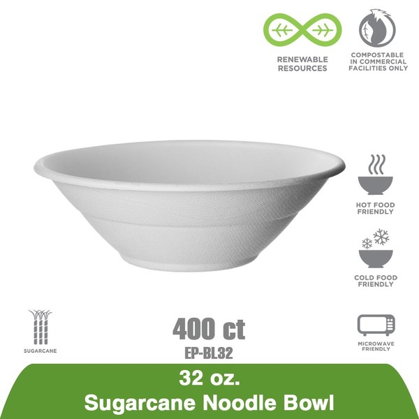 Eco-Products, Inc EP-BL32 32 oz. Compostable Sugarcane Bowl, Disposable Paper Bowl (Pack of 400),white