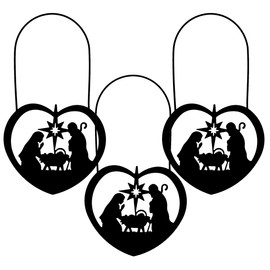 Needzo Christmas Heart Shaped Metal Silhouette Nativity Scene Ornament, 5 1/4 Inch, Pack of 3