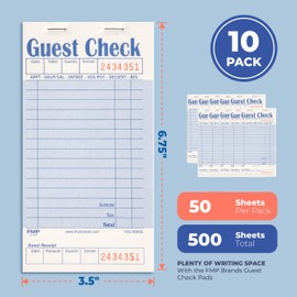 FMP Brands Guest Check Books for Servers, Server Note Pads Paper, Total 500 Sheets (10 Pads), Blue with Guest Receipt, Guest Check Pads, Restaurant Order Pads, Waitress Notepads