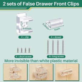 Juexica False Cabinet Front Clip False Drawer Front Clips Sink Tip Out Snap with Screws Screwdrivers for Hardware Replacements(17 Pairs,Clear)