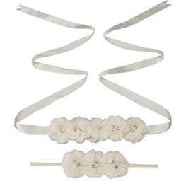 Lauthen.S Maternity Flower Sash Headband Set Women Girls Wedding Baby Shower Sash Belt Ivory