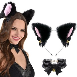 BYXG Cat Costume Women's Cat Ears Headband, Bell Necklace Cat Cosplay Set Cat Costume Cat Ears Cosplay Cat Ears Hair Accessories Headband Carnival Party Costume Set 2 Pieces