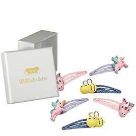 HAARallerliebst Hair Clip Set (6 Pieces, Bee and Unicorns, Glitter) for Girls with Storage Box