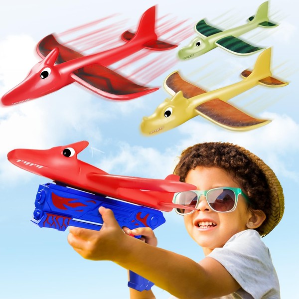 MaudCara Aeroplane Launcher Toys-3 Pack 2 Flight Modes Dinosaur Themed Foam Glider Catapult Plane Toy,Outdoor Flying Toys Christmas Birthday Gifts for Boys Girls 4 5 6 7 8 9 10 11 12 Years Old