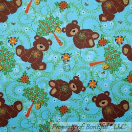 Fabri-Quilt BonEful Fabric FQ Cotton Quilt VTG Blue Bear Flower Country Bumble Bee Hive Tree