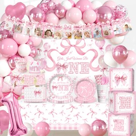 235 PCS Girls Just Wanna Be One Birthday, All-in-1 Supplies Pack, Includes 20 Girls Just Wanna Be One Theme Tableware, 1st Party Hat, High Chair Banner, for 1st Birthday Bow Theme