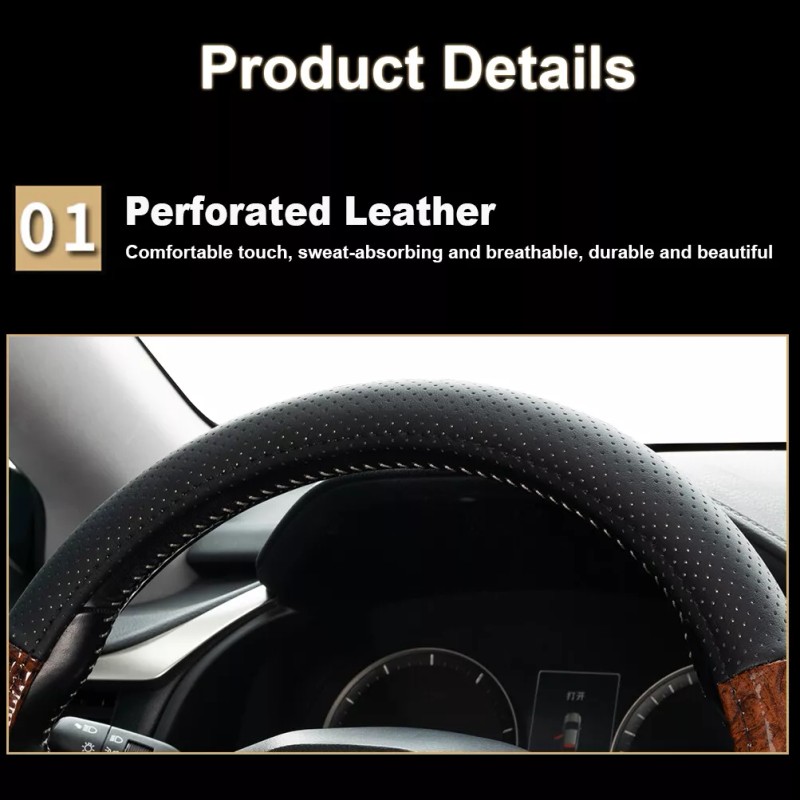 XUKEY 38cm Wood Grain Car Steering Wheel Cover Leather Breathable