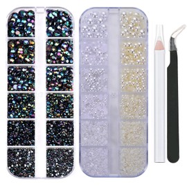 2 Boxes Flat Back Rhinestone&Pearls Kits for Nail Art, Face Makeup and Craft,Flatback Half Round Pearls White and Beige Color Black AB Crystal with Pickup Pencil and Tweezer