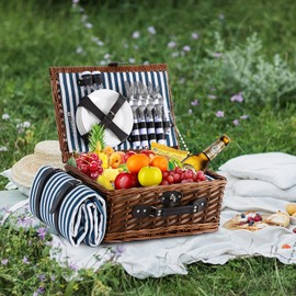 HYBDAMAI Picnic Basket for 4 with Waterproof Picnic Blanket and Insulated Cooler, Wicker Picnic Set, Willow Hamper for Camping, Outdoors, Photoshoot, or a Birthday, Mother's Day, Wedding Gift, Blue