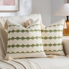 Fancy Homi Set of 2 Boho Moss Green Decorative Throw Pillow Cover 16x16 Inch for Couch Bed Sofa, Aesthetic Modern Farmhouse Home Decor, Soft Cute Accent Macrame Woven Cushion Case with Tassels