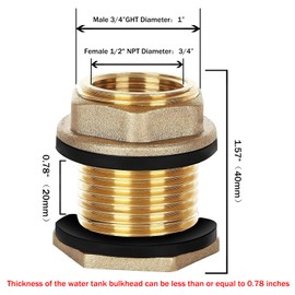 FASSME Female 1/2" NPT and Male 3/4" MHT, Water Tank Connector Theaded Bulkhead Fitting, Soild Lengthened Lead-Free Brass with 2 Watewrproof Gasket for Water Towers, Etc