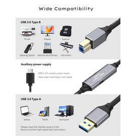 SSS·GRGB 50FT USB 3.0 Printer Cable, USB A to USB B Cable, 5Gbps High-Speed with 2 Signal Boosters and USB Power Cord for Printers, Scanners, Docking Stations, External Hard Drives and More