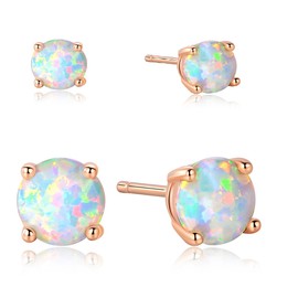 GEMSME 18K Rose Gold Plated Opal Stud Earrings 6MM Round For Women (4mm/6mm Pack of 2)