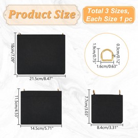 WADORN 3Pcs 3 Sizes Felt Purse Insert Organizer, Envolope Bag Felt Organizer Purse Insert for LV 3-in-1 Envelope Bag Handbag Crossbody Bag Conversion Inserts with D Ring for Envelope Handbag, Black