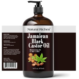 Natural Riches Jamaican Black Castor Oil Glass Bottle Pure Organic Cold Pressed for Hair Growth Skin Care for Dry Skin Conditioning Eyebrows Eyelashes Scalp and Nail Moisturizes & Repairs 16fl.oz.