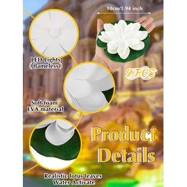Hortsun 9 Pack Floating Pool Lights Lotus Flower Lantern Artificial Foam LED Lifelike Pool Lights Battery Operated Pond Lantern Pond Decoration(3.94 Inch,White, Yellow Light)