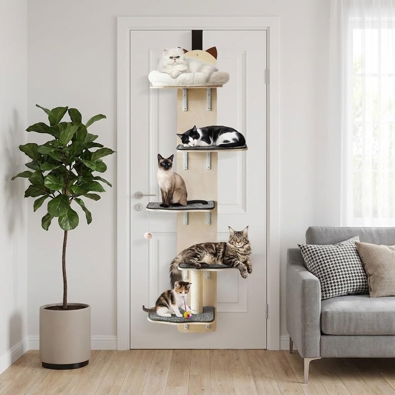 5-Levels Door Hanging Cat Climber, Vertical Door-Mounted Cat Tree Tower