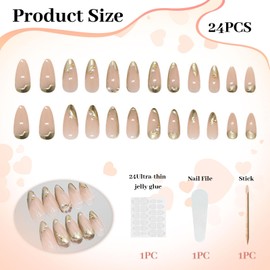 LunarCharm 24 Pieces Gold French Tip Press-on Nails, Nude Fake Nails, Medium Length, Artificial Nails with Pearl Rhinestone Design, Glossy Stick-on Nails, 3D Gold Stick-on Nails