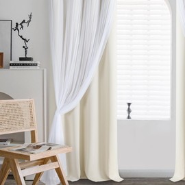 DWCN Blackout and Sheer Curtains with Tiebacks Layered Curtains for Living Room Grommet Top Window Curtain Panels with Sheer Overlay, 52 W by 96 L, Ivory, 2 Pieces