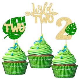 Paquete de 24 adornos de magdalenas salvajes con purpurina, hoja de Monstera, dos púas de magdalenas, hojas de palma, decoraciones para tartas de segundo cumpleaños para baby shower para niños y segundo cumpleaños