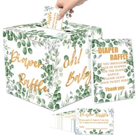 FALIZIFU - Caja para rifas de pañales para baby shower, 48 unidades, boletos para rifas de pañales con caja de tarjetas y letrero de pie para revelar género, decoración de fiestas de baby shower,