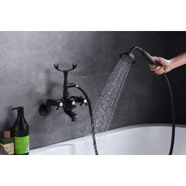 sumerain Vintage Wall Mount Clawfoot Tub Faucet Matte Black with Hand Shower, 3" to 9" Adjustable Holes Distance
