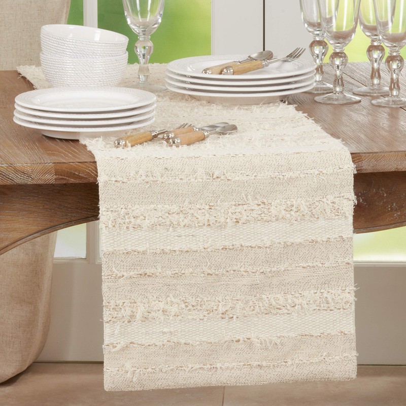 Saro Lifestyle Fringe Stripe Design Table Runner, Ivory, 16"x90"
