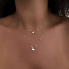 Atentuyi Boho Layered CZ Heart Necklace Gold Crystal Choker Chain Round CZ Pendant Necklace Minimalist Necklace Jewellery for Women Girls Gift, Zinc