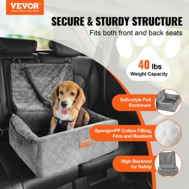 VEVOR Dog Car Seat, Dog Booster Seat for Car with A Storage Pocket, Clip-On Safety Leash, Sponge and PP Cotton Filling, Dog Car Bed for Small & Medium Dog up to 40lbs, Gray