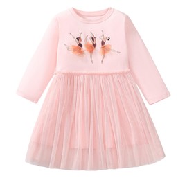 YIQAUMA Toddler Girls Long Sleeve Cotton Dress Spring Fall Winter Casual Jersey Dress (US, Age, 4 Years, LightPink Tulle)