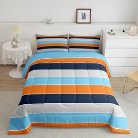 jejeloiu Comforter Set for Girls Boys Kids Twin Size Blue Orange Brown Stripe Line Comforter Multicolor Room Decorations Geometric Bedding Set Duvet Set Quilt Set