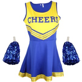 Cheerleader Fancy Dress Outfit Uniform High School Costume With Pom Poms Blue And Yellow Cheerleader Extra Small