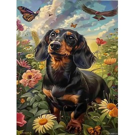 Dachshund DIY 5D Diamond Art Painting Kits for Adults Butterfly Garden Animal Diamond Art Easy for Beginners Round Beads Full Drill Cross Stitch Gems Painting Craft for Farm Decor Gift 12x16inch