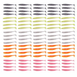 Señuelos de pesca para lubina, 100 piezas, portátiles, ojos de pez 3D, realistas, atractivos, de goma, señuelos de pesca suaves, cola de pez dividida, reflejo fluorescente, señuelos suaves para peces