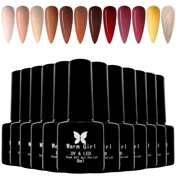 Warm Girl Gel Nail Oil Kit, 12 Colors, Autumn Winter Gel Nail Set, Nude Brown Series, Also Suitable for Salon Nails