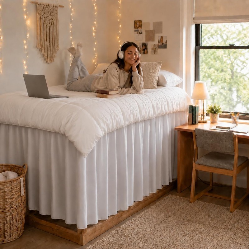 White Platform Dorm Bed Skirt Twin XL 42 Inch Drop,Extra
