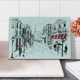 Ambesonne Paris Cutting Board, Old French Pedestrians Stores Trees and the Silhouette of Eifffel Urban Illustration, Decorative Tempered Glass Cutting and Serving Board, Small Size, Multicolor