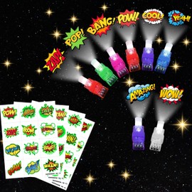 72 PCS Superhero Party Favors – 48 PCS Tattoos & 24 PCS LED Finger Lights Combo – Birthday Goodie Bag Fillers, Party Supplies, Gifts Light Up Toys Glow In The Dark for Boys and Girls