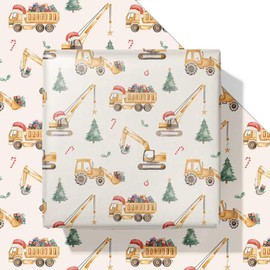 Dtiafu Construction Christmas Wrapping Paper for Kids Boys Dump Trucks with Santa Hats Gift Wrap Christmas Trees Design for Winter Decoration Holiday - 20 X 28 Inch Folded Flat (6 Sheets)