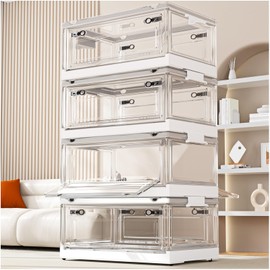 CTSNSLH 4 Pack Storage Bins with Lids, 48Quart Clear Stackable Storage Bins with Wheeled and Doors, Folding Storage Boxes, Storage Containers, Closet Organizers and Storage(48QT*4 Pack)