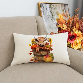 RABUSOFA Fall Decor Pillow Covers 12x20 Inch Lumbar Highland Cow Autumn Fall Decorations for Home Outdoor Thanksgiving Sunflower Decor Decorative Throw Pillow Cases for Couch
