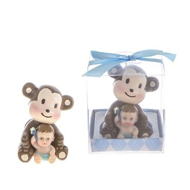 Lunaura Baby Keepsake - Set of 12"Boy" Baby Holding Rattle Sitting Next to Monkey Favors - Blue