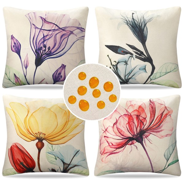 Set of 4 Outdoor Cushion Covers 45 x 45 cm Waterproof Linen Sofa Covers Flowers Multicolored Spring Summer Cushion Cover for Sofa Balcony Patio Garden